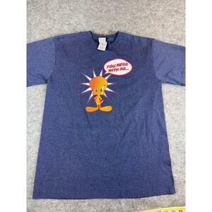 VINTAGE Looney Tunes You Mess With Me Tweety Bugs Taz Shirt Mens Medium Blue Tee